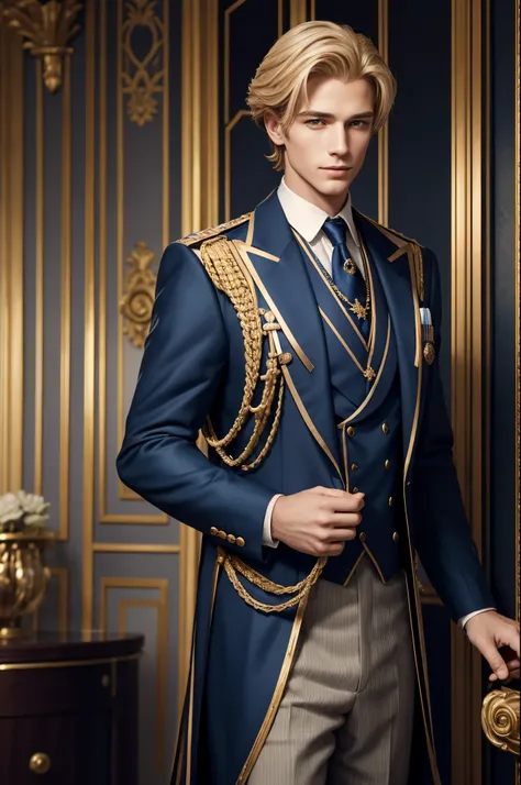 8K,Middle-aged gentleman,A gentleman man wearing a suit and tie is standing in a building, portrait of magical blond prince, beautiful androgynous prince, wearing fantasy formal clothing, handsome and elegant, delicate androgynous prince, epic and classy p...