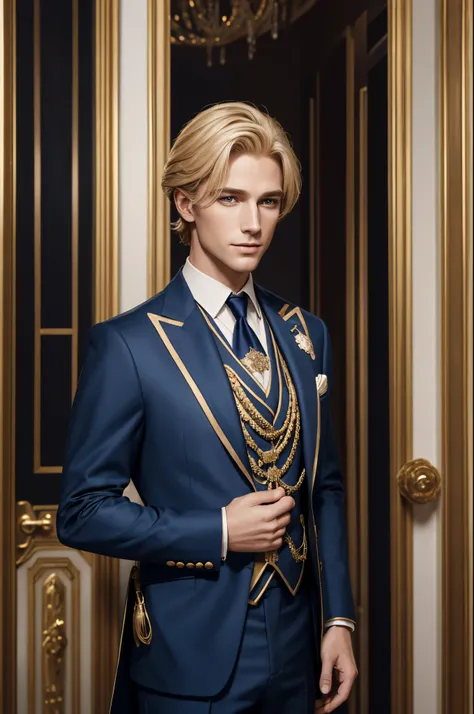 8K,Middle-aged gentleman,A gentleman man wearing a suit and tie is standing in a building, portrait of magical blond prince, beautiful androgynous prince, wearing fantasy formal clothing, handsome and elegant, delicate androgynous prince, epic and classy p...