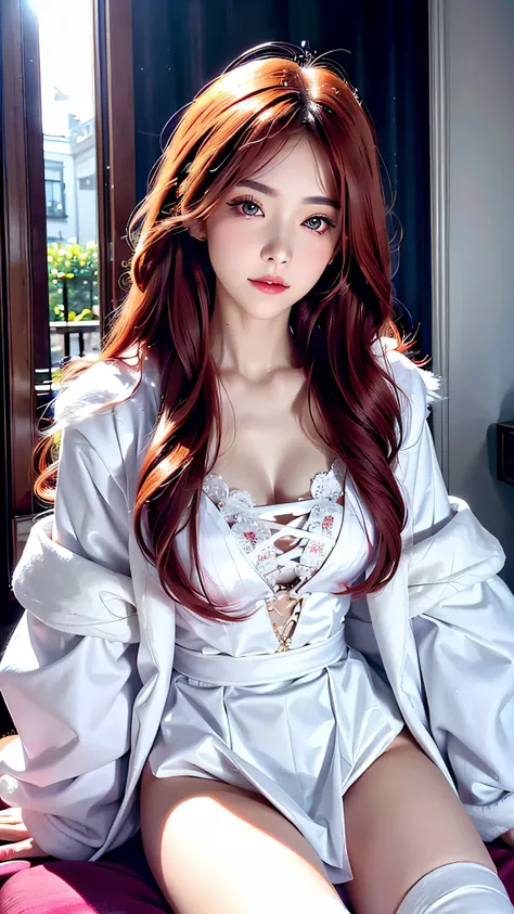 ((an arafe woman wearing a pure white fluffy fur coat)), (aesthetic cute with flutter:1.4), (long red hair), beautiful aesthetic...