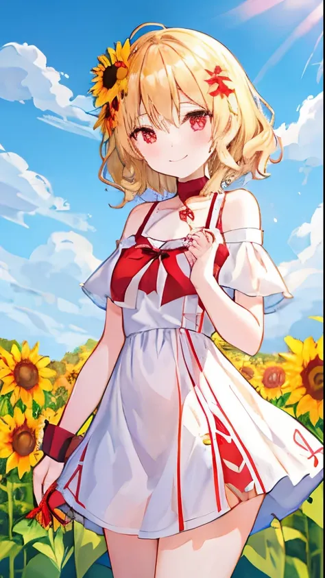 nsfw、short wavy blonde hair、One girl with red eyes、独奏、sunflowers fields、off shoulders、a miniskirt、A smile、Beautiful sky