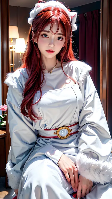 ((realisitic))、((A woman wearing a fluffy white fur coat))、36-years old、 (aesthetic cute with flutter:1.4), (long red hair), beautiful aesthetic face, Popular makeup, Aesthetic Face,  with professional makeup, 电影灯光、 sexy face with full makeup, ,Looking at ...