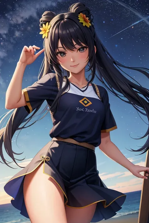 best quality, High_resolution, Diferente_Imagem, Antecedentes detalhados ,garota, random wear,flor, night sky,Dutch angle, Arremesso longo,Shy smile, usando uma roupa de moletom