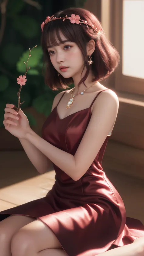 a girl, detailed hair, detailed eyes, shy, facial hair, clover hair ornament, jeweled branch of hourai, jewelry, light blush, light blush, musical note hair ornament, dark red dress, princess dress, red highlight, glowing light, ray tracing, bloom, chromat...