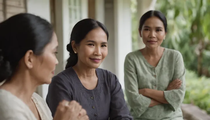 Two Indonesian women chatting on their front porch in the morning.