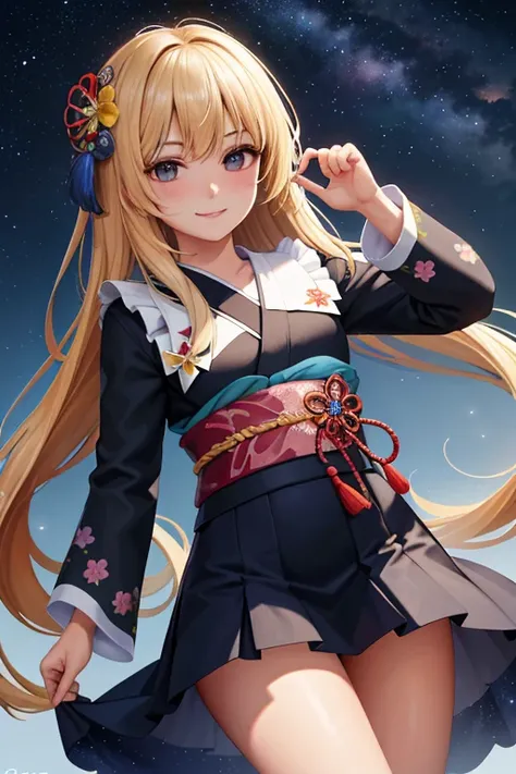 best quality, High_resolution, Diferente_Imagem, Antecedentes detalhados ,garota, random wear,flor, night sky,Dutch angle, Arremesso longo,Shy smile, usando uma roupa de colegial tradicional japonesa