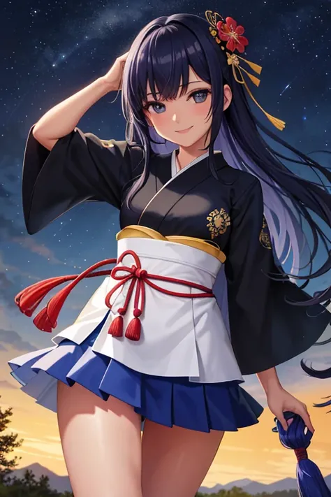 best quality, High_resolution, Diferente_Imagem, Antecedentes detalhados ,garota, random wear,flor, night sky,Dutch angle, Arremesso longo,Shy smile, usando uma roupa de colegial tradicional japonesa