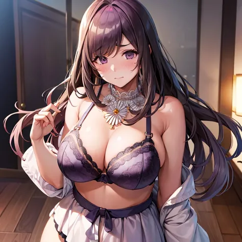 (masutepiece、Best Quality)、Kogane Tsukioka、1girl in、Open bra、Beautiful eyes、Well-formed face、very large udder、Too big、Lace bra with purple ruffles、Purple bra shoulder straps、Purple lace panties、Big and beautiful nipples、Beautiful areola、beauty legs、a room、...