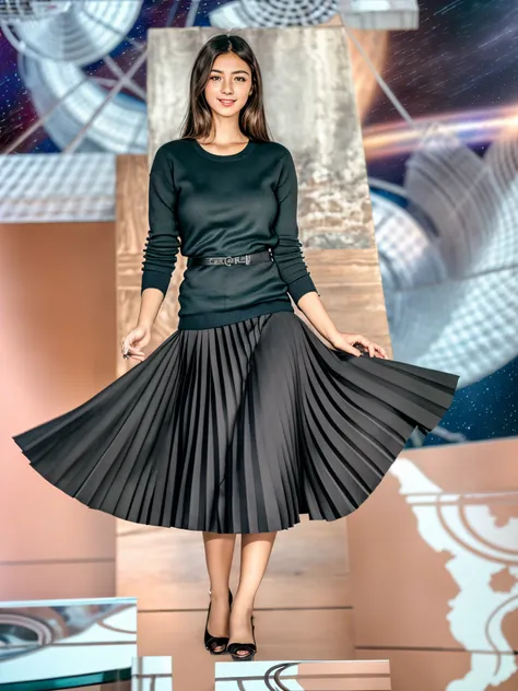 (shy:1,3) smiling woman playing with skirt, dancing, wearing short blazer and very very detailed (long (fully pleated) full circle skirt) and (simple) low heeled office shoes, very very intricate hyper-detailed symmetric (attractive graceful young feminine...