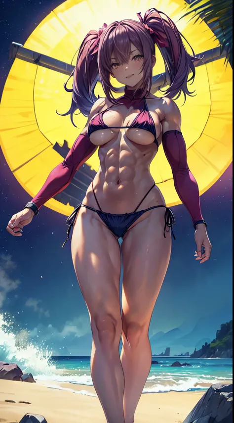 1 girl, (medium breasts))), (((wearing short bikini))), (magenta hair), (((bright yellow eyes))), slim arms, (on the beach at night with starry sky and full moon blood), (slim waist), (((muscular legs))), muscular belly, bare feet, (((showing big ass and l...