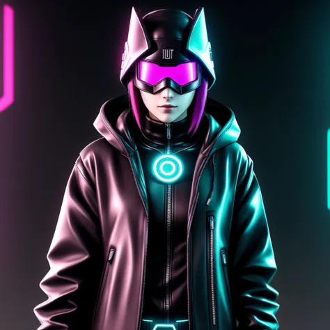 personagem feminino, completamente mascarado, cabelos Escuros em nossos ombros!!, Cyberpunk, neon light, WMASK, Escuro, scratched with a black jacket black neon mask, cyber future jacket, cybernetic suit, hacker Cyberpunk, neon operator, Cara Cyberpunk, cy...