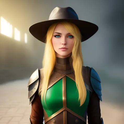 Erstelle mir eine weibliche Elfe aus dem Dungeons and Dragons Universum. She wears light leather armor and otherwise beautiful green clothing. Ihre Klasse ist ein Ranger und sie hat als Waffe einen Bogen. Sie ist blond und hat lange Haare, green eyes and w...