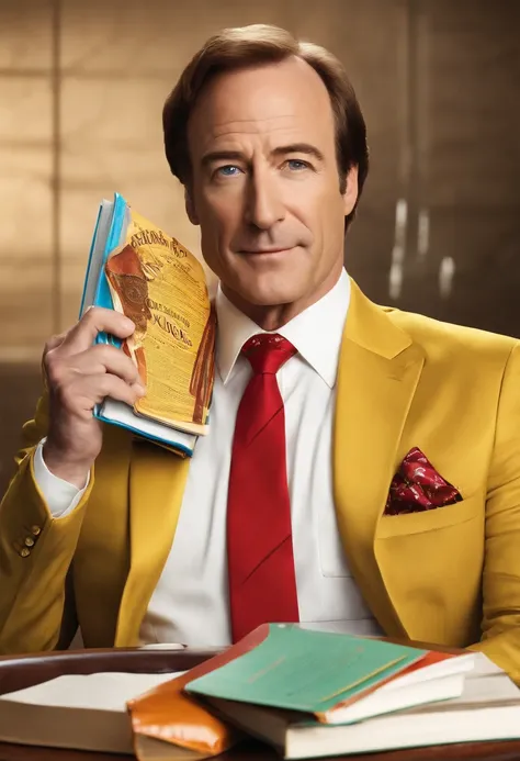 A selfie of Saul Goodman wearing a ridiculous, colorful tie and holding a stack of legal textbooks.,Breaking Bad,Saul Goodman’s appearance is as loud and attention-grabbing as his personality. He typically sports brightly colored suits, often in shades of ...