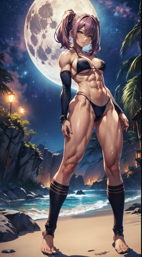 1 girl, (medium breasts))), (((wearing short bikini))), (magenta hair), (((bright yellow eyes))), slim arms, (on the beach at night with starry sky and full moon blood), (slim waist), (((muscular legs))), muscular belly, bare feet, (((showing big ass and l...