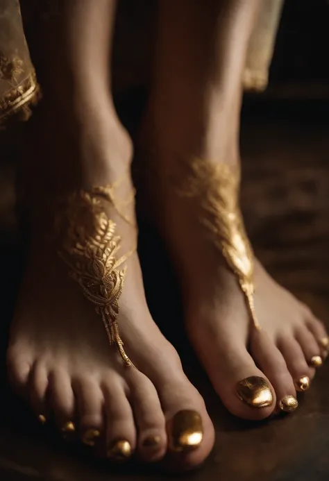 The image is a close-up of a pair of feet with freshly painted gold toenails and a seductive pose,original,Club foot. Mid length hair. Pale. Crazy eyes. White man. Brown hair. Thin. , male