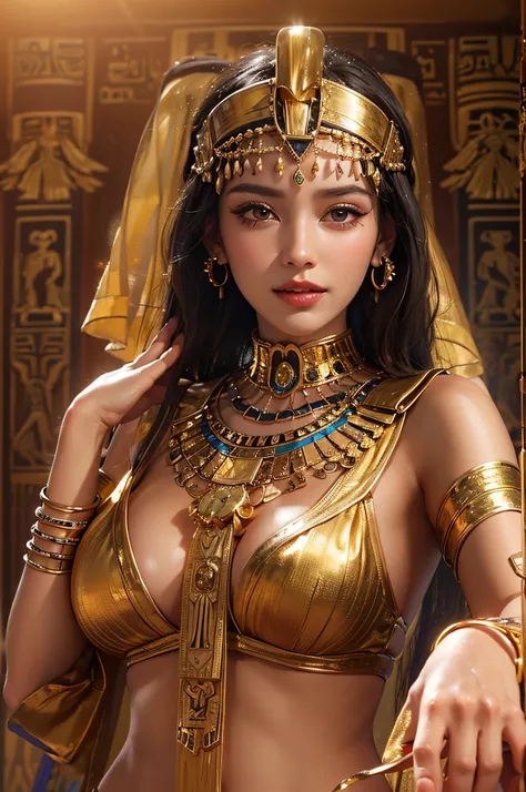 Sexy mature Cleopatra,Cleopatra,Ancient Egyptian palace,wearing ancient egyptian clothing,Ancient Egyptian decorated rooms,Ancient egyptian arranged background,Lie on the big bed(An extremely delicate and beautiful work:1.2)a very beautiful and sexy woman,...