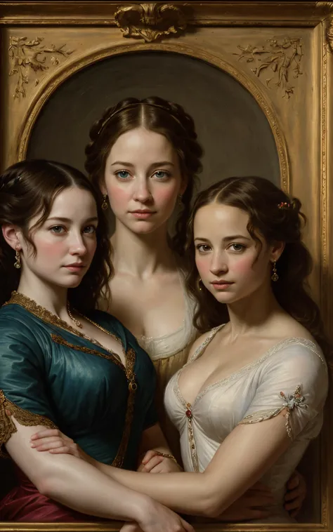 (the three graces of Rubens),(one with the face of Emily Rudd the second with the face of Evangeline Lilly and the third with the face of Alicia Vikander), modern version of the picture, masterpiece, hyperdetailed painting, ((3girls)).