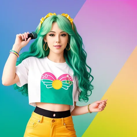 "(Mature and realistic portrayal:1.2) Sailor Neptune (Sea-green hair) exuding confidence as she holds a microphone, her blonde hair cascading down, adorned in stylish rainbow denim clothes from the 2000s, with a backdrop filled with donuts."