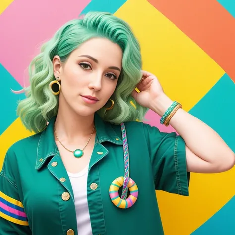 "(Mature and realistic portrayal:1.2) Sailor Neptune (Sea-green hair) exuding confidence as she holds a microphone, her blonde hair cascading down, adorned in stylish rainbow denim clothes from the 2000s, with a backdrop filled with donuts."