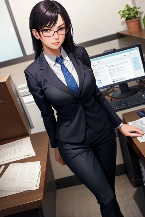 best quality, high resolution, different image, detailed background, woman, medium breasts, random wear, long black hair, glasses, inside the office, dutch angle, long release, serious look, arrogant, sensual, respectable boss, wearing a business suit