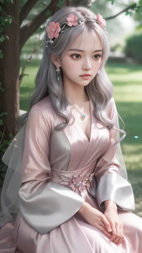 a girl, detailed hair, detailed eyes, shy, facial hair, clover hair ornament, jeweled branch of hourai, jewelry, light blush, light blush, musical note hair ornament, silver dress, princess dress, silver highlight, glowing light, ray tracing, bloom, chroma...