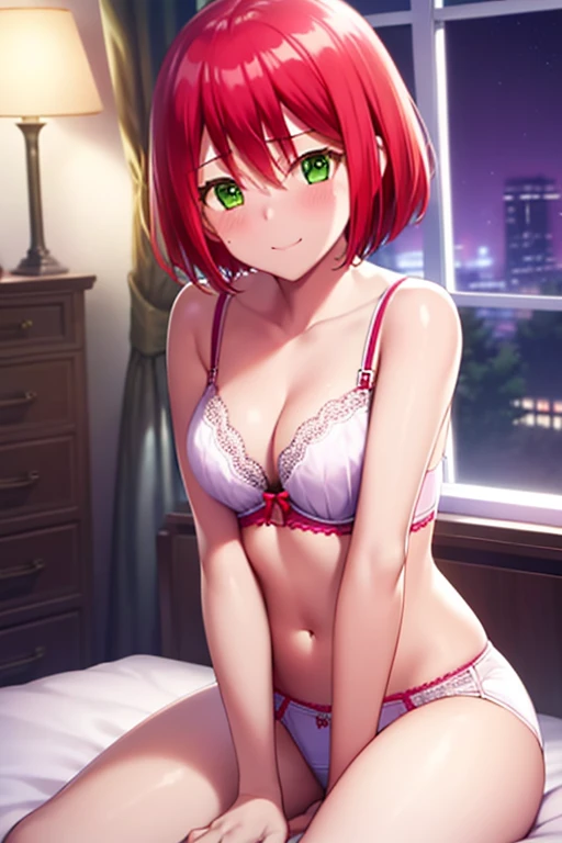 1girl, bangs, red hair, green eyes, short hair, solo, blush, looking at the viewer, arms up, sexy pose, cute, bedroom, night, lamp, light off, white bra, breast, medium breast, white, panties, masterpiece,