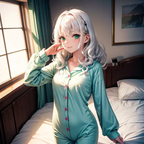 1girl, mature slim and short body, short and slighty wavy white hair, green eyes, cute onesie pajamas, bed, absurdres, high res, ultrasharp, 8K, masterpiece, looking at viewer, happy face