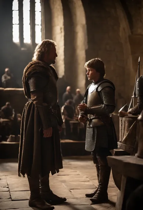 A photo of Ned carefully inspecting the armor of a young squire in the castle armory,Game of Thrones TV series,Ned is an older man with light brown hair streaked with grey, wears plain leather tunics, famously portrayed by Sean Bean, male