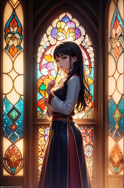 (masterpiece, top quality, best quality,official art, beautiful and aesthetic:1.2),(1girl:1.3), 1girl BREAK stained glass art, colored glass, lead lines, light transmission BREAK vibrant colors, intricate designs, luminous effects, spiritual ambiance