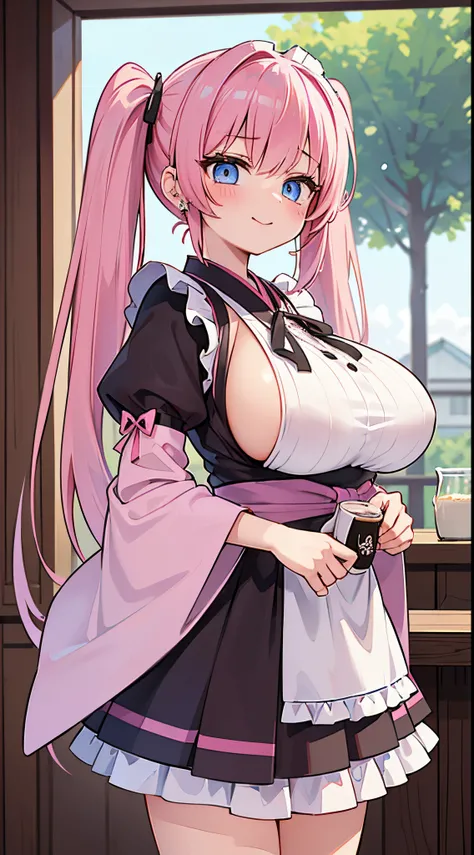 (​masterpiece、top-quality、ultra-detailliert)、((1 girl))、((Pink hair twin tails))、light blue  eyes、evilsmile、piercings、((very Bigger breasts))、kimono maid、cowboy  shot、Coffee shop background