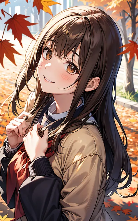 Looking up at the autumn leaves、She smiles in her high school uniform、I got closest to that smile