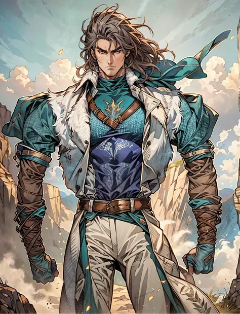 A middle-aged man, long teal hair, wild and disheveled hairstyle, determined gaze, a serious expression, noble features, some stubble, a simple fantasy-style two-piece hunter outfit, a short-sleeved gray shirt, a brown fur-lined coat, a cloth belt cinches ...