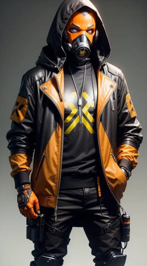 Man in hood and yellow gas mask and futuristic costume cyberpunk 2077 style with orange effects and with hands in pocket looking at the viewer and gray background