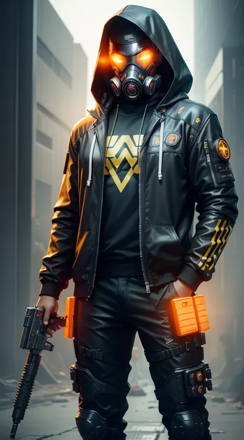 Man in hood and yellow gas mask and futuristic costume cyberpunk 2077 style with orange effects and with hands in pocket looking at the viewer and gray background