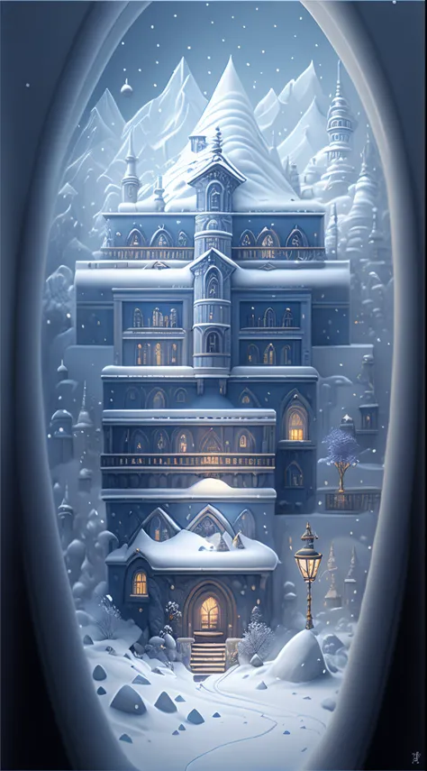 snow mountains，（sapphire castle)，Blizzarding，3Drenderingof，Fantasyart，Surreal，,the ultra-detailed,