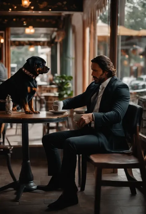 A photo of a hit man and a Rottweiler sitting at a local cafe, both enjoying a morning coffee.,original,John Wick, male