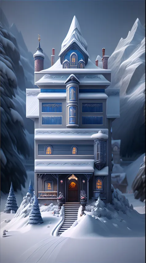 snow mountains，（Sapphire Castle)，Blizzarding，3 Rendering，Fantasyart，Surreal，,the ultra-detailed,