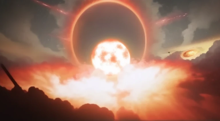 There is a picture of a clock exploding in the sky, Surreal nuclear eclipse explosion, red planetoid exploding, doomsday nuclear weapons, powerful explosions, spirits coming out of portal, Supernova explosion, the explosion from akira, explosions in the ba...