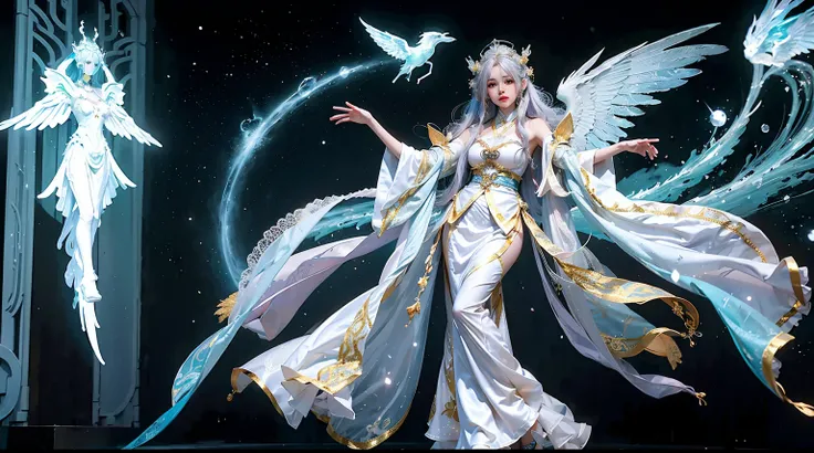 a close up of a woman in a costume on a stage, full body xianxia, beautiful celestial mage, a stunning young ethereal figure, a beautiful fantasy empress, astral witch clothes, sha xi, flowing magical robe, white hanfu, xianxia fantasy, belle delphine, eth...