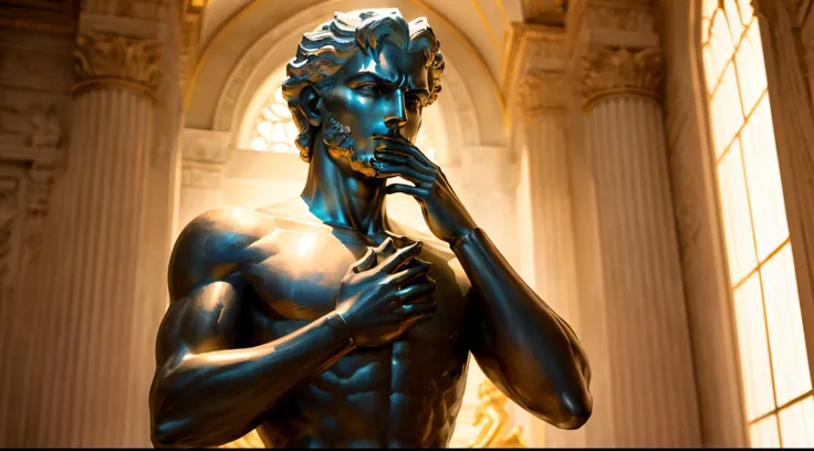 Statue of a stoic man with 2 hands over his mouth, foco em seu rosto, super realista, Estilo Zeus.