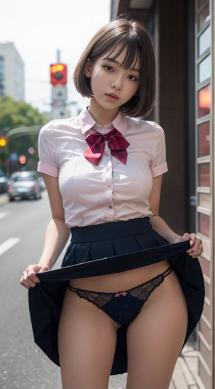 Height resolution、high-level image quality、in 8K、Real live-action、Raw photography、top-quality、​masterpiece、masutepiece、Erotic、Pupils、Pink bra,de pele branca,kne, Detailed panty patterns、panties focus、Panties made of pink lace material、absurderes,a small fa...