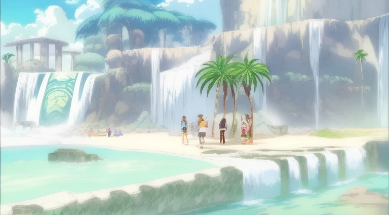 Drawing of a group of people on the beach with a palm tree, Rune Factory 5 art style, rune factory 5, Relaxing concept art, Ancient ruins and waterfalls, Anime landscape concept art, beautiful anime scenes, Screenshot of the animated movie, beautiful anime...