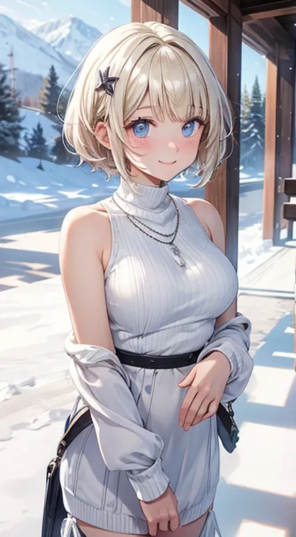 //Character
1girl, traveler to a resort in snow country , slim and soft, medium large breast,   ultra detailed face, super cute,innocent,  round face, thin eyeblow, sparkly pupils, translucent skin,    smiling full of compassion,   extra short hair ,  blon...