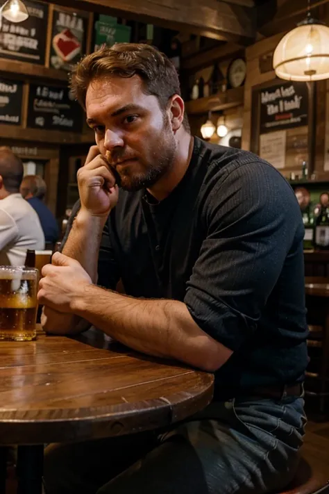 A said big headed man, with reddish face sitting in a pub, with his head down watching the table, and holding a bier in his hand.