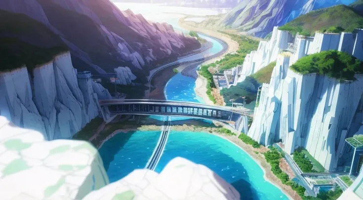 Animation scene of a bridge over the river，The background is a mountain, Screenshot of the animated movie, beautiful anime scenes, Anime landscape concept art, anime concept hdr anime macmanus, beautiful anime scenery, Rio de Janeiro in an animated film, A...