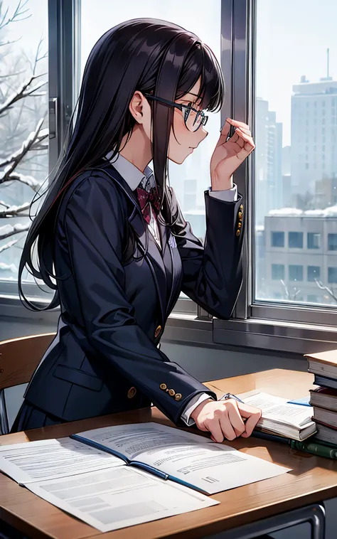 She wears glasses and wears a high school uniform.、Studying in the classroom、There&#39;s a snowy landscape outside the window、approach the profile