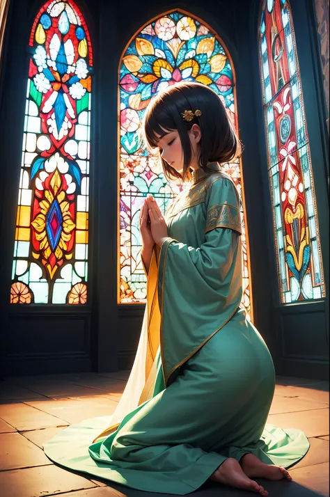 (masterpiece, top quality, best quality,official art, beautiful and aesthetic:1.2),(1girl:1.3), 1girl BREAK stained glass art, colored glass, lead lines, light transmission BREAK vibrant colors, intricate designs, luminous effects, spiritual ambiance, knee...