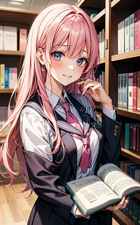 five perfect fingers、She is wearing a high school uniform studying in the library.、My eyes met the mischievous eyes that were visible beyond the pink hair.、she laughed and brushed her hair。