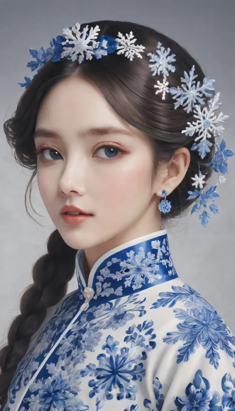 Best quality at best,4K,8K,A high resolution,tmasterpiece:1.2,ultra - detailed,actual:1.37,sportrait,Beautiful snowflake pattern,Blue and white porcelain, closeup cleavage, Sophisticated AND Intricate Details, Traditional craftsmanship, vivd colour, shiny ...