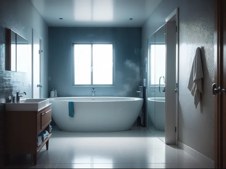 High-resolution RAW colour shooting, Bathroom in modern style, (higly detailed, hyper-detail), Particle effects, Ray Tracing, Cinematic Lighting, shallow depth of field, Shooting with the Sony a9 II, 50mm wide-angle lens., crisp focus