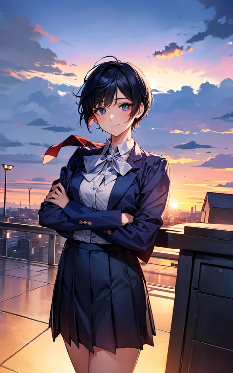 She has a short cut and is wearing a high school uniform and spreading her arms on the rooftop at dusk.、The exquisite color of the sky is fantastic、made her smile stand out even more。